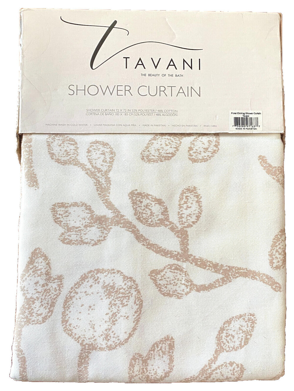 NWT Tavani Taupe Ivory Floral Etching Print Cotton Blend Shower Curtain 72"x72"